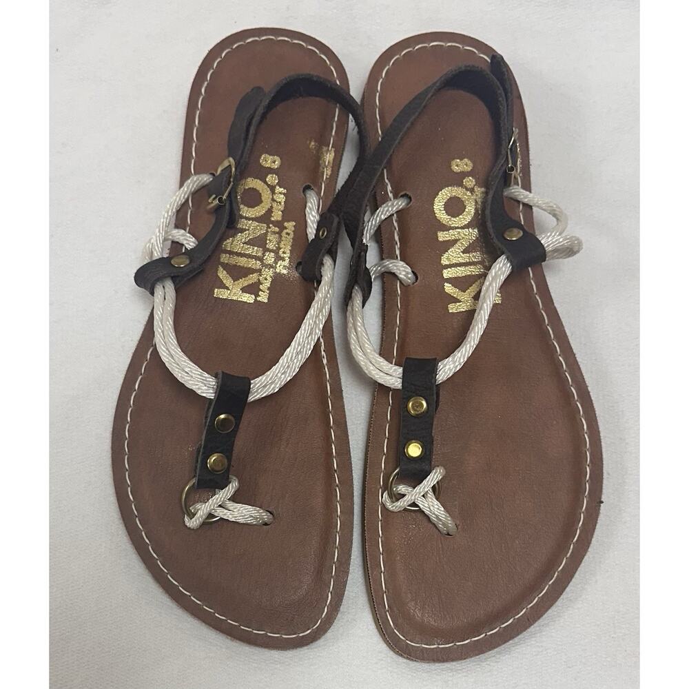 Kino Key West Thong Sandals Minimalist SZ 8 Leather T Strap Rope Black Gold NWOB